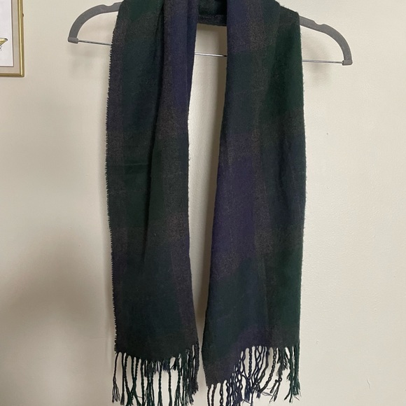 Dark Academia Green, Purple & Navy Blue Plaid Scarf Made in Italy w/ Fringe; OS - Picture 5 of 5